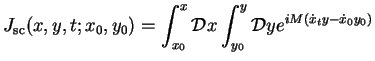 $\displaystyle J_{\rm sc}(x,y,t;x_0,y_0) = \int_{x_0}^x {\cal D}x \int_{y_0}^y{\cal D}y e^{iM( \dot{x}_{t}y
- \dot{x}_{0}y_0)}$