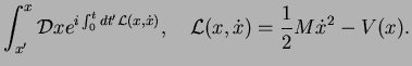 $\displaystyle \int_{x'}^{x} {\cal{D}}x e^{i\int_0^t dt' {\cal{L}}(x,\dot{x}) },\quad
{\cal{L}}(x,\dot{x}) = \frac{1}{2}M \dot{x}^2 - V(x).$