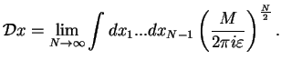 $\displaystyle {\cal{D}}x = \lim_{N\to \infty} \int dx_1...dx_{N-1} \left(\frac{M}{2\pi i \varepsilon}\right)^\frac{N}{2}.$