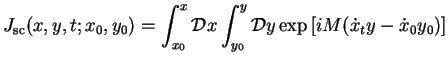 $\displaystyle J_{\rm sc}(x,y,t;x_0,y_0) = \int_{x_0}^x {\cal D}x \int_{y_0}^y{\cal D}y \exp \left[iM( \dot{x}_{t}y
- \dot{x}_{0}y_0)\right]$