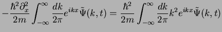 $\displaystyle - \frac{\hbar^2\partial_x^2}{2m} \int_{-\infty}^{\infty}\frac{dk}...
...hbar^2}{2m} \int_{-\infty}^{\infty}\frac{dk}{2\pi}
k^2e^{ikx} \tilde{\Psi}(k,t)$